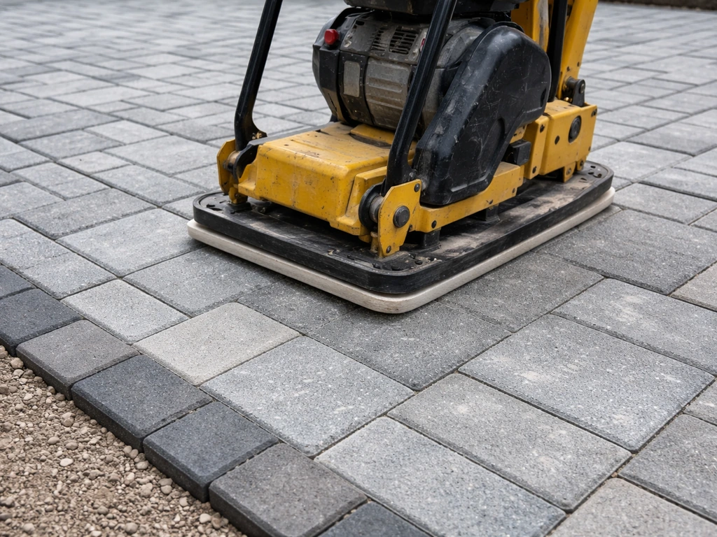 Plate compactor with a rubber pad compacting a freshly laid paver surface