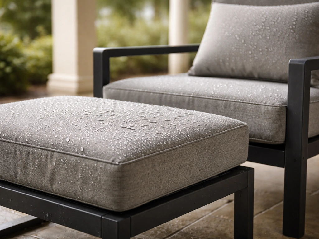 Close-up of waterproof patio furniture cushions with visible water beading on a covered patio.