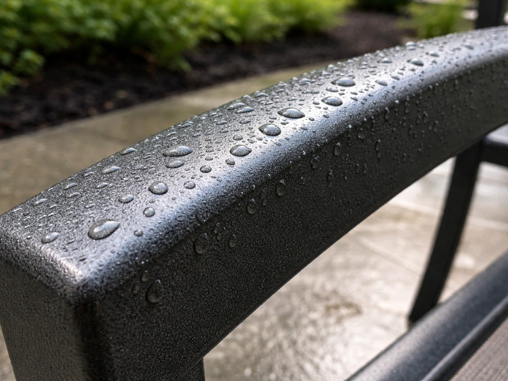 Close-up of powder-coated aluminum patio furniture frame with water beading showing corrosion resistance.