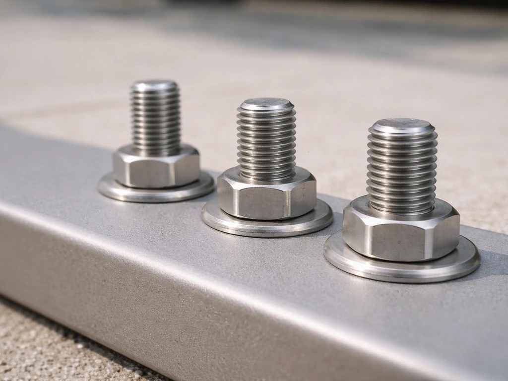 Close-up of stainless steel patio bolts and washers on a clean outdoor surface, showing corrosion-resistant detail.