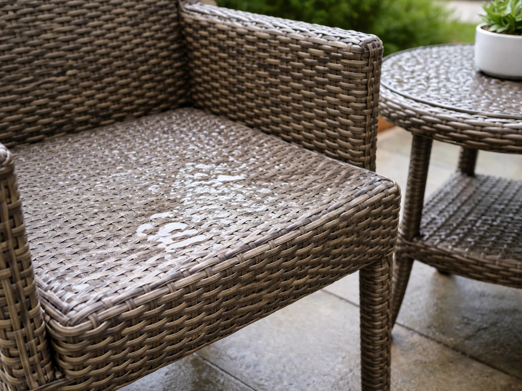 Synthetic resin wicker chair and small table with visible weave, droplets and water on outdoor surfaces.
