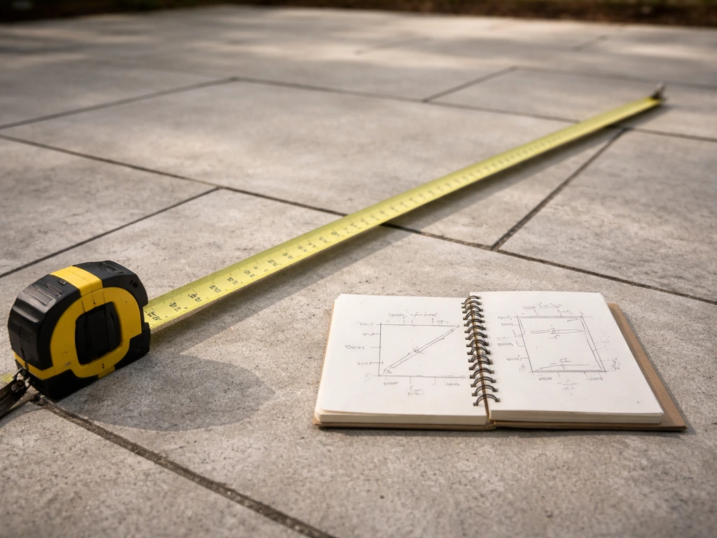 Tape measure laid on a patio with a notebook showing rough measurement and clearance notes.