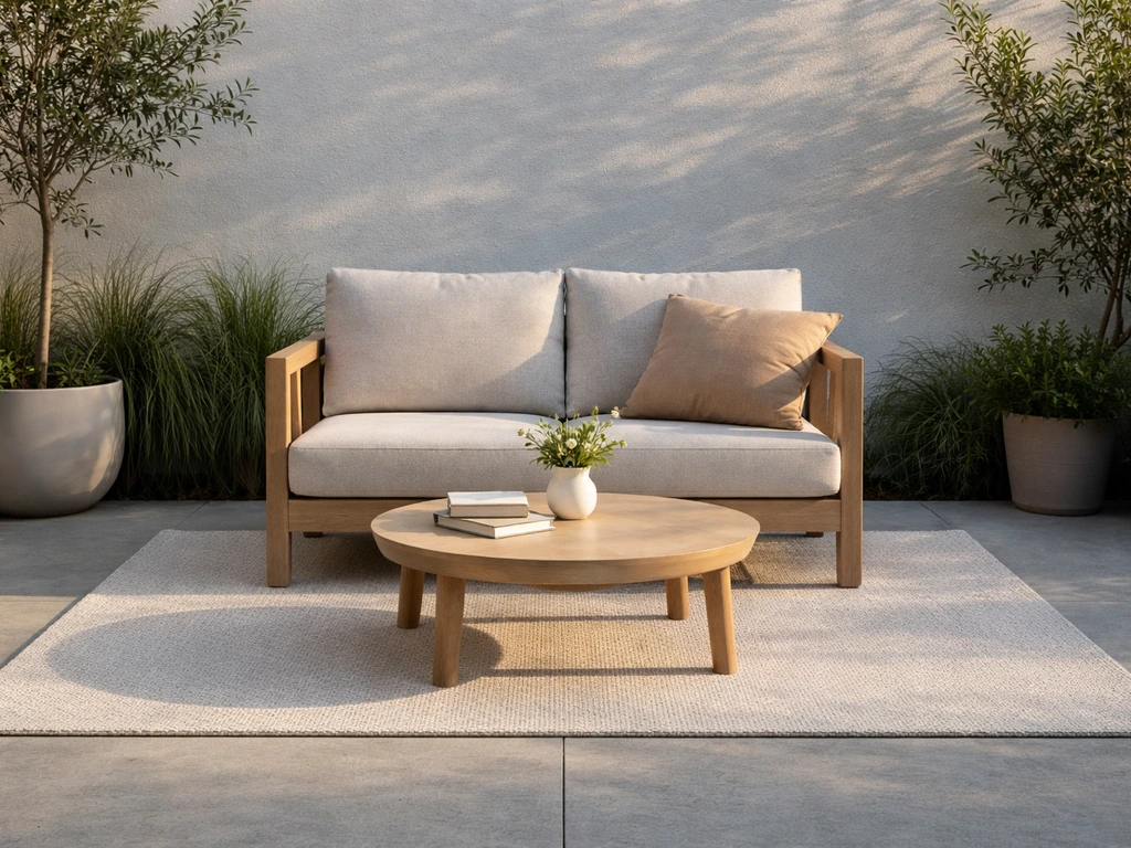Small patio with a two-seat loveseat and compact round coffee table, with clear space around the table.