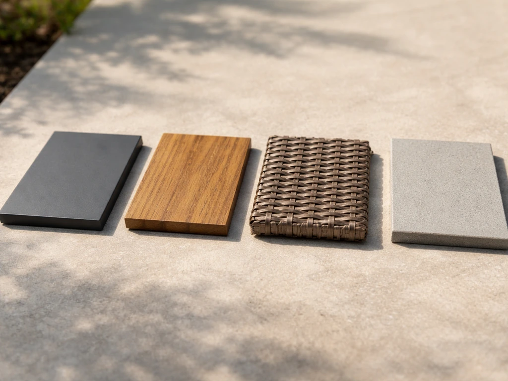 Four small patio material samples laid side by side: powder-coated aluminum, teak wood, all-weather wicker, and composit