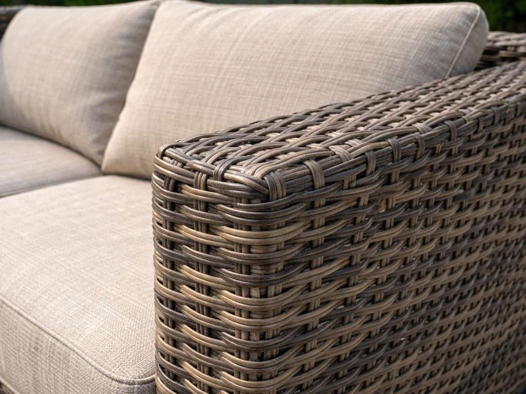 Close-up of all-weather resin wicker weave wrapped around a metal frame with outdoor cushions.