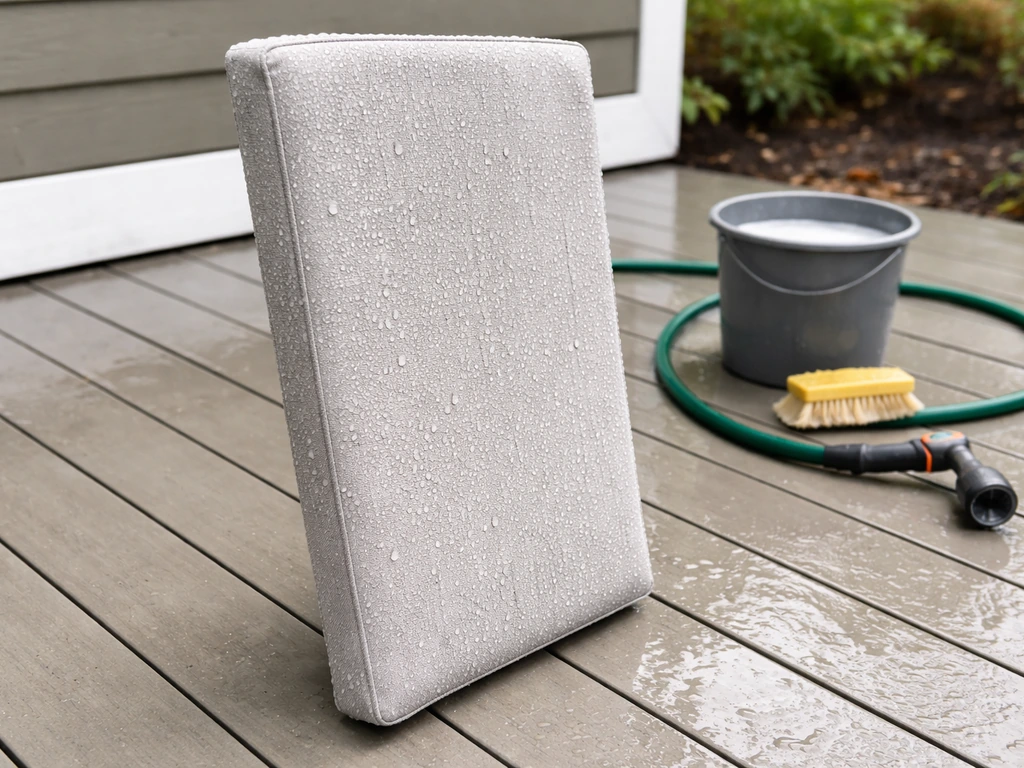 Outdoor cushions being stood on edge to drain after rain, with a hose and gentle cleaning setup nearby