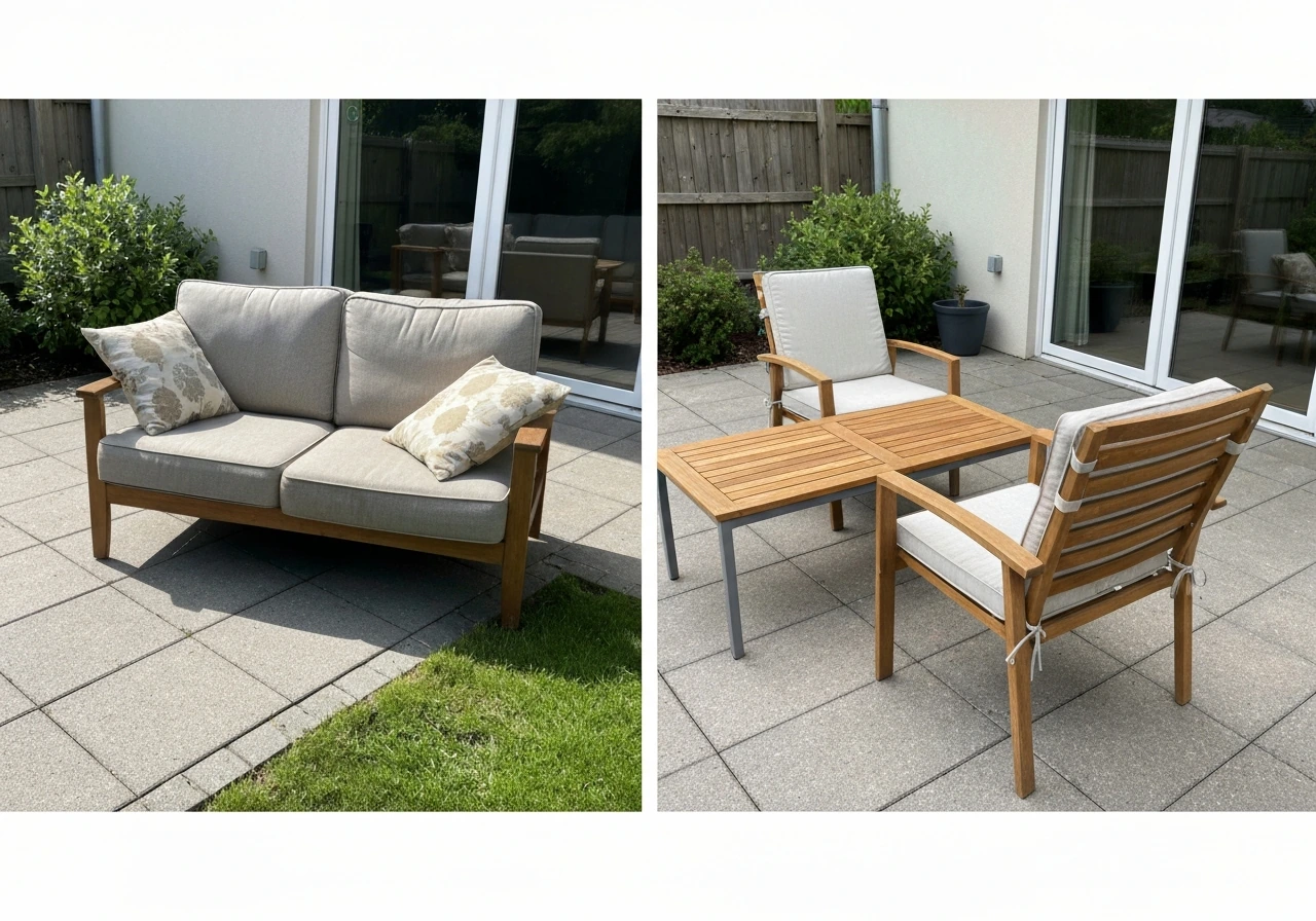 Left: indoor sofa on patio; right: weather-ready outdoor dining set on the same patio.