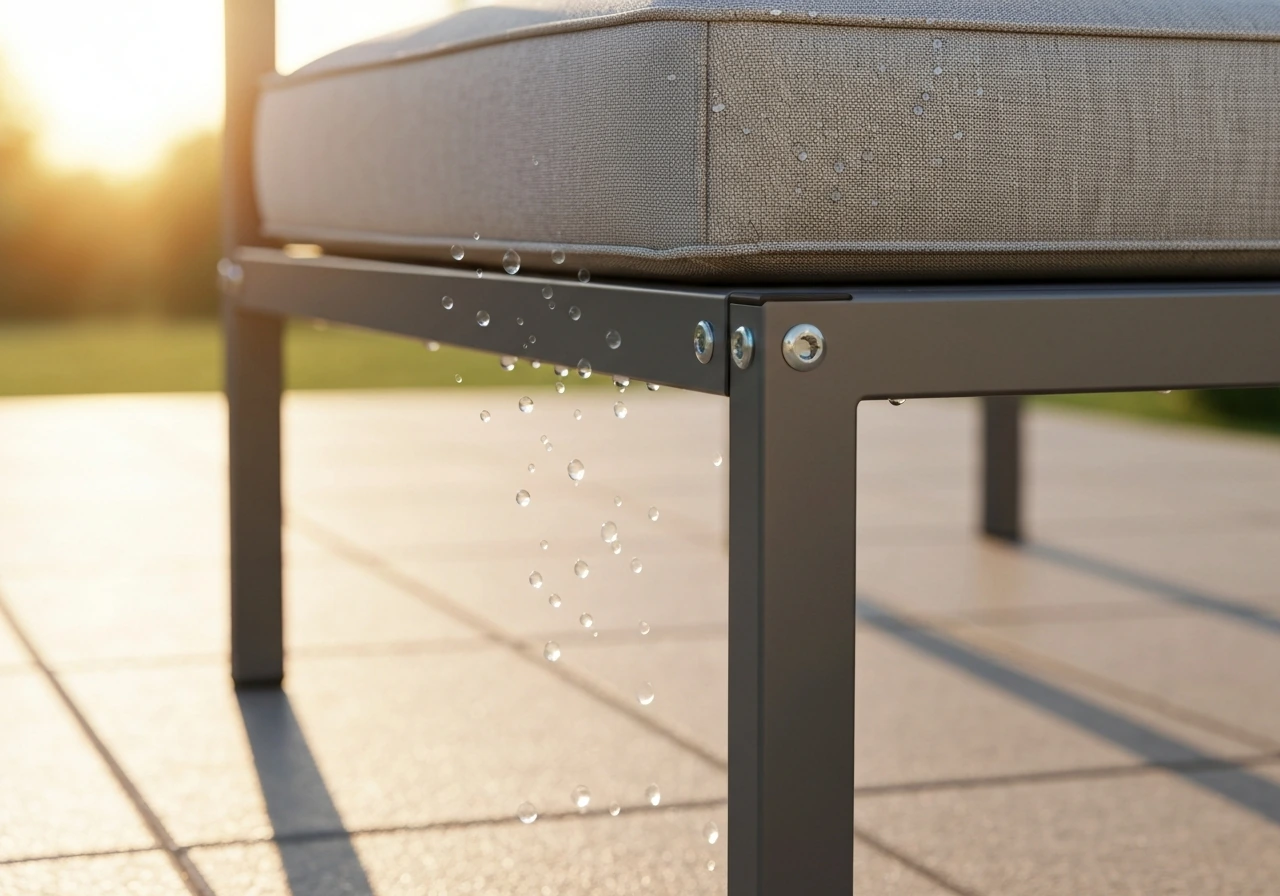 Close-up of patio furniture frame and cushion with water droplets under sunny outdoor light.