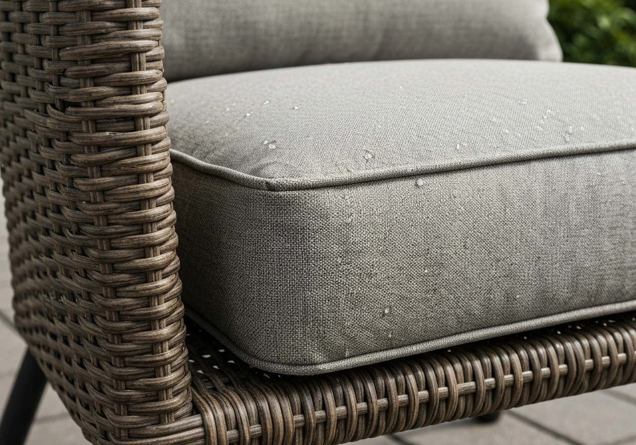 Outdoor cushion fabric with visible textured weave and water-beading on a wicker chair seat.