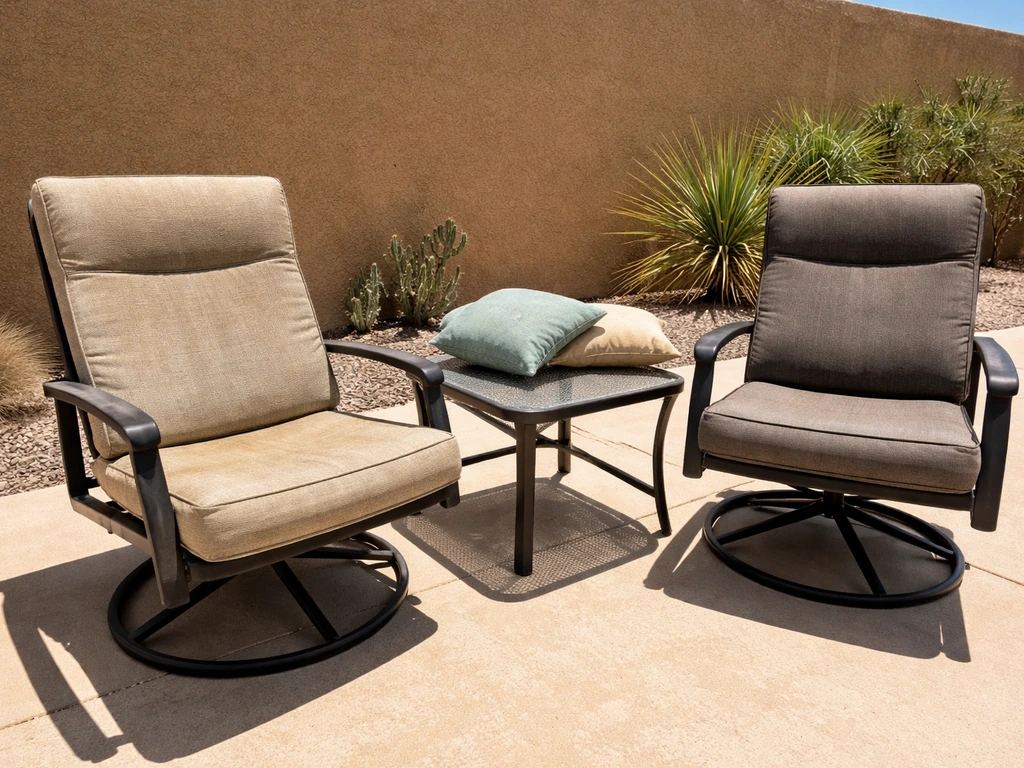 Outdoor patio furniture in intense Arizona sun with faded cushions beside intact UV-resistant pieces