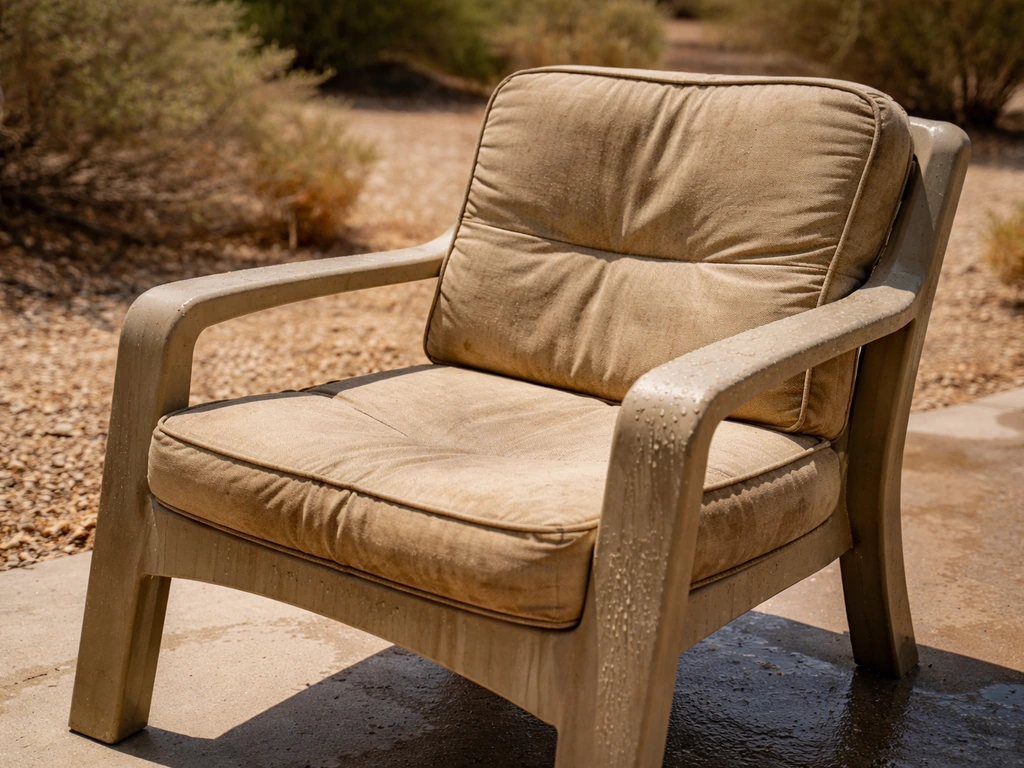 Weathered patio furniture in blazing Arizona sun, with slight moisture effects suggesting monsoon aftermath.