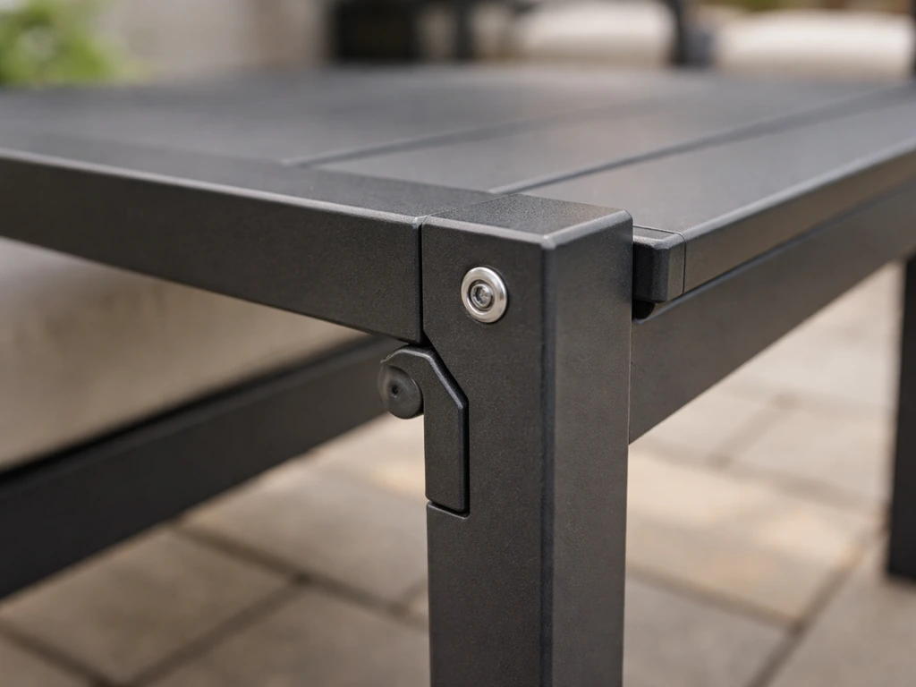 Close-up of a powder-coated aluminum patio chair with intact coating and visible hardware in natural light.