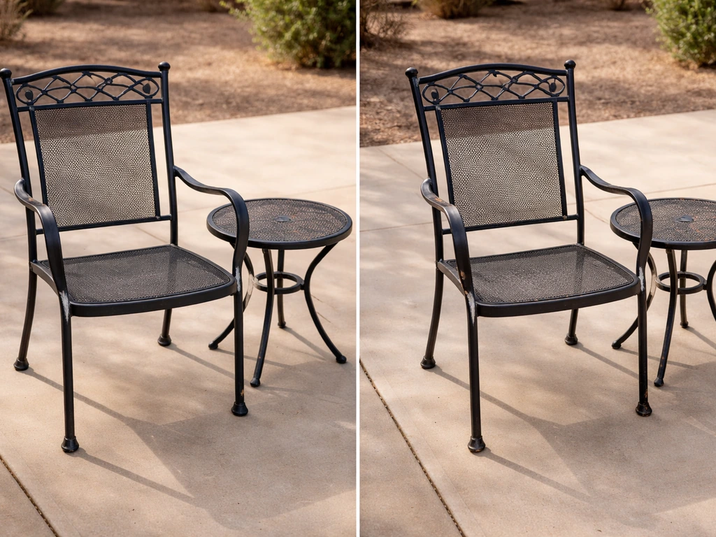 Side-by-side photos of coated steel and wrought iron patio furniture, one well-finished and one rust-spot.