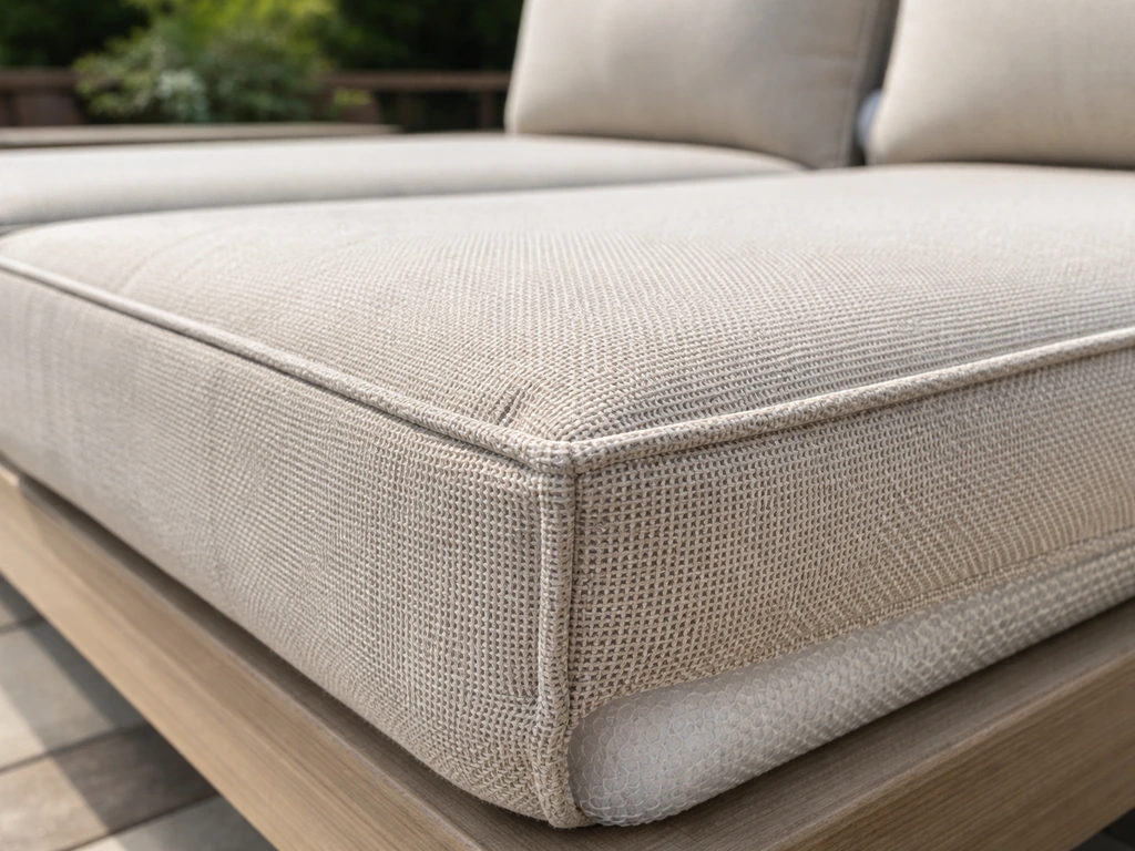 Close-up of outdoor cushions showing woven fabric texture and thick quick-dry foam under natural light.