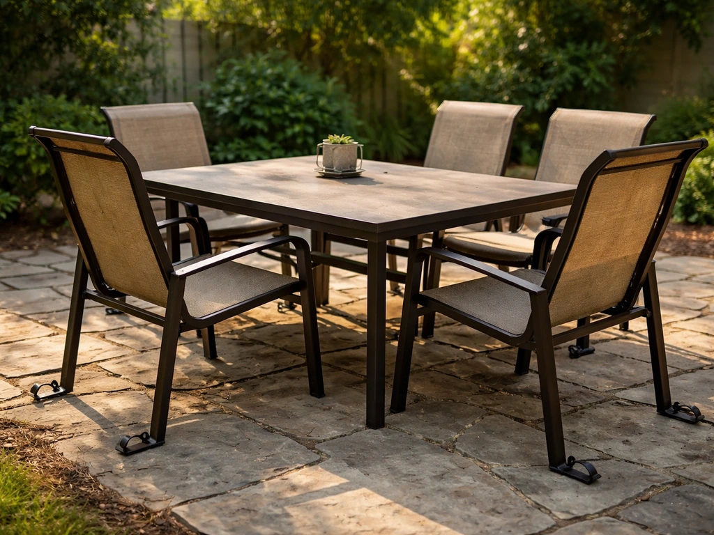 Stable patio dining set with anchored table and chairs on uneven ground in natural outdoor light.