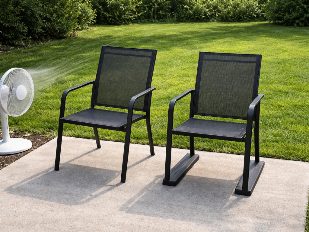 Two patio chairs in simulated gusts: the lighter one tilts while the heavier one stays upright.
