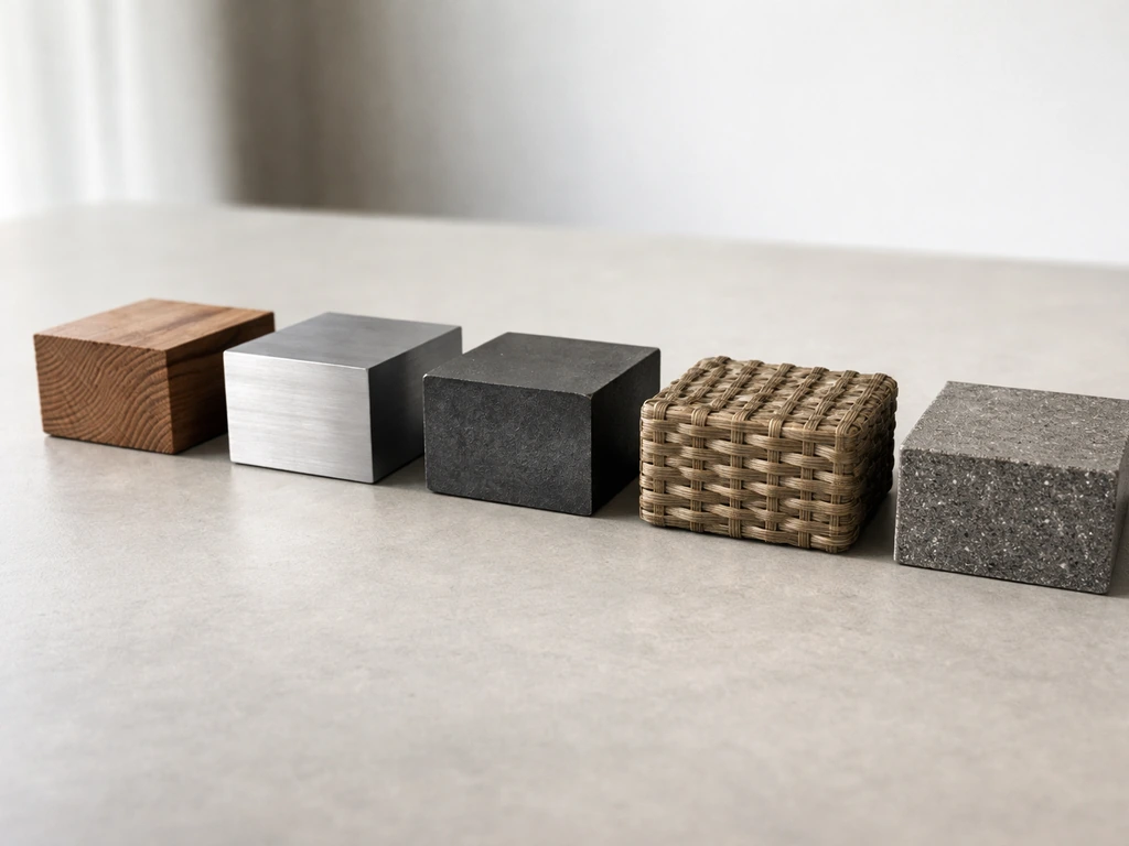 Close-up lineup of wood, aluminum, steel, resin wicker, and HDPE composite pieces on a neutral surface.