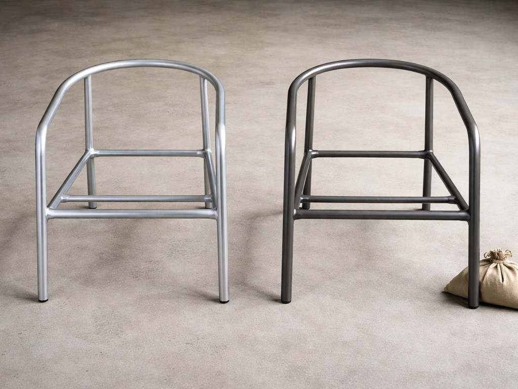 Two matching chair frames side-by-side: a lighter aluminum frame and a heavier steel/iron frame.