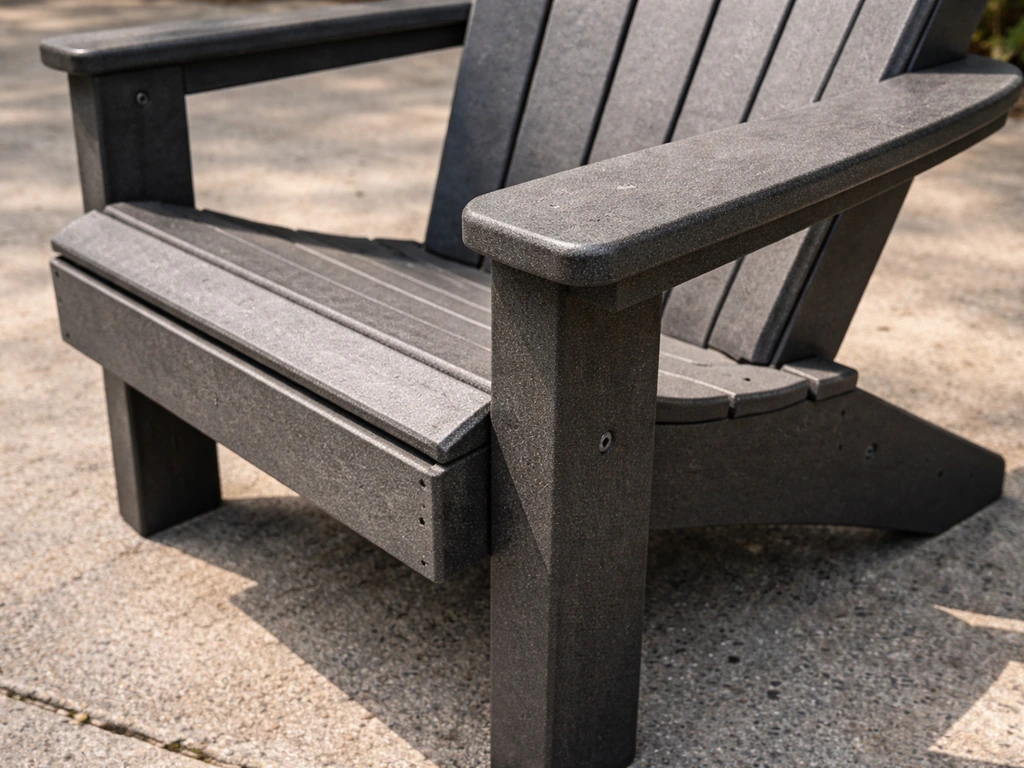 Heavy HDPE composite arm chair close-up on textured outdoor surface, showing thick frame and stability.