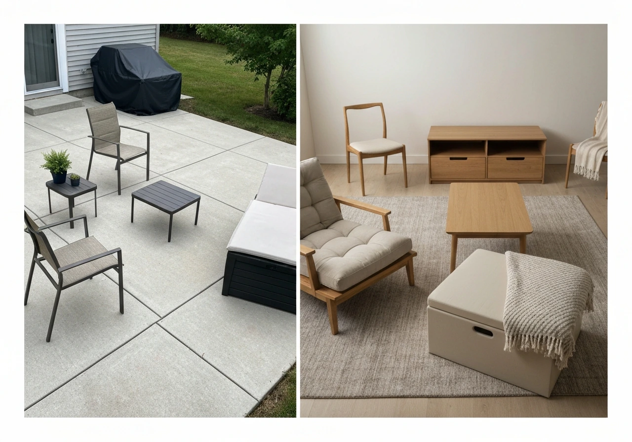 Split scene showing an outdoor patio set vs indoor furniture pieces: chairs, table, lounge, storage box, and small acces
