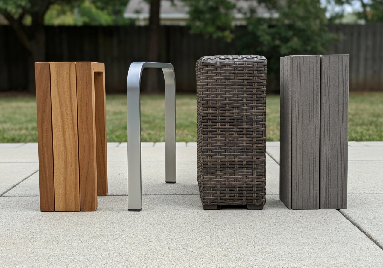 Side-by-side outdoor samples of wood, metal, synthetic wicker, and composite patio furniture materials.