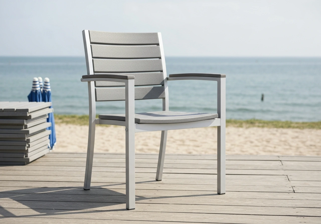 Marine-side patio chair with HDPE composite slats and powder-coated aluminum near the ocean, rust-free look.
