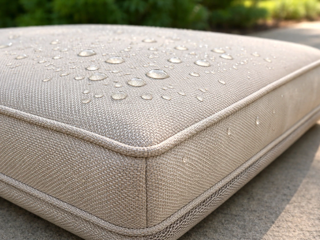 Close-up of an outdoor cushion seat showing textured quick-dry fabric and water beading on top