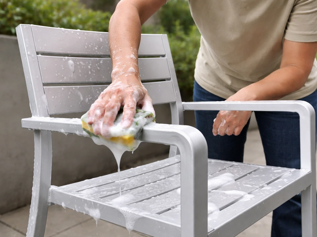 Anonymous person washing powder-coated aluminum patio furniture with a soft sponge and mild soap.