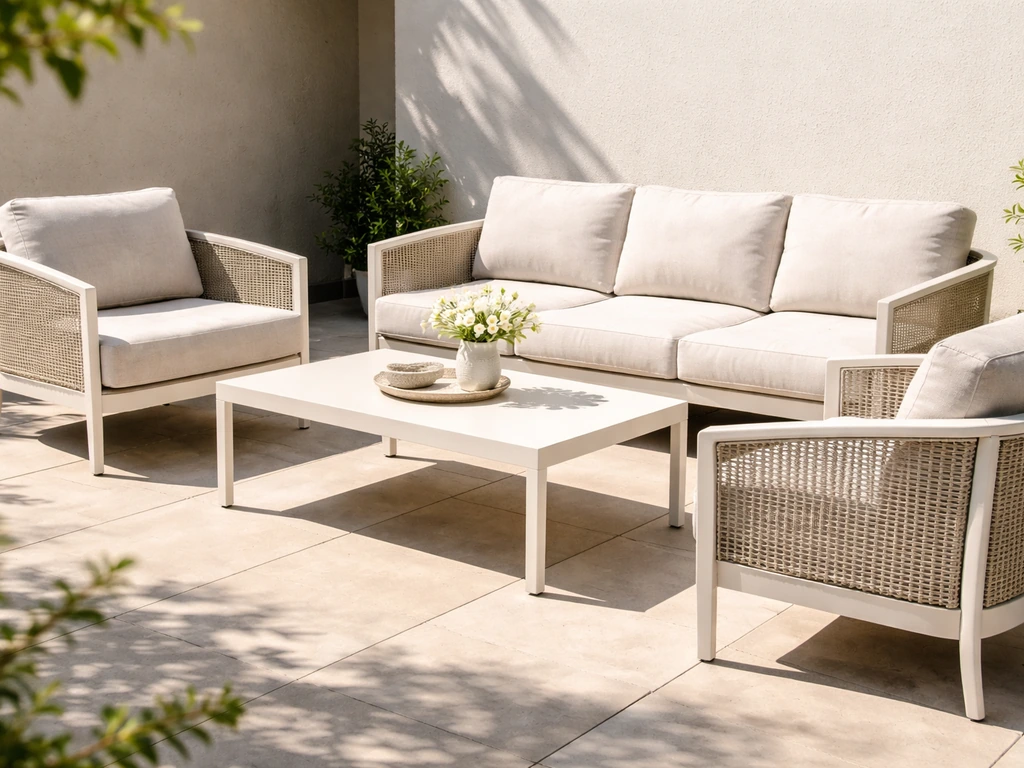 Sunlit patio seating set with light cushions and hot-weather-friendly materials in strong natural light.