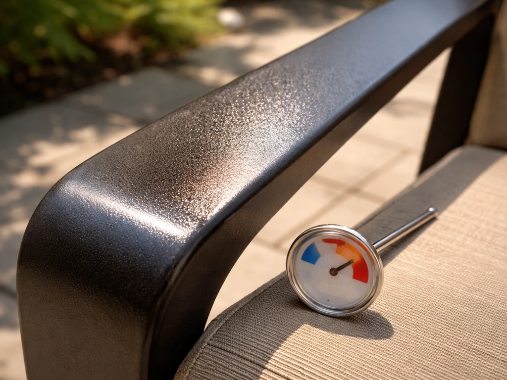 Sunlit close-up of patio armrest showing darker surface looking hotter, with a thermometer probe nearby.