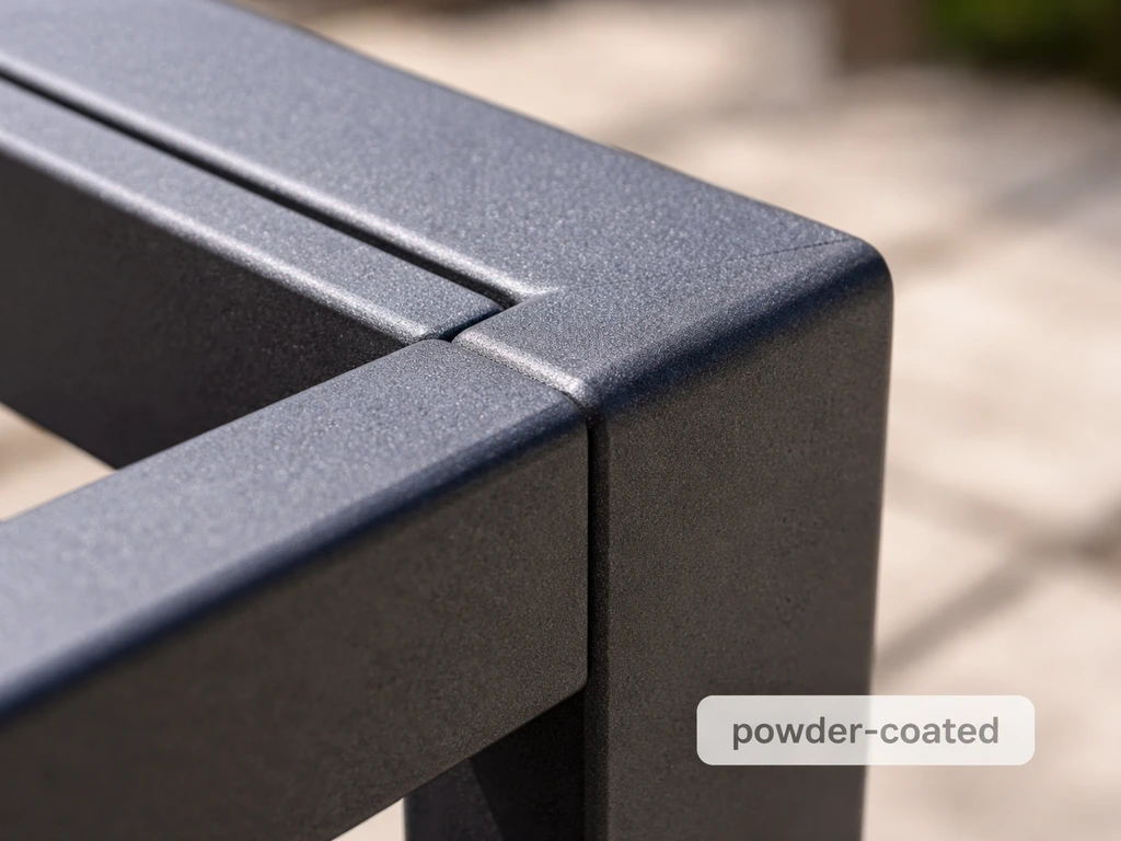 Macro close-up of powder-coated aluminum outdoor furniture frame with uniform heat-resistant texture.