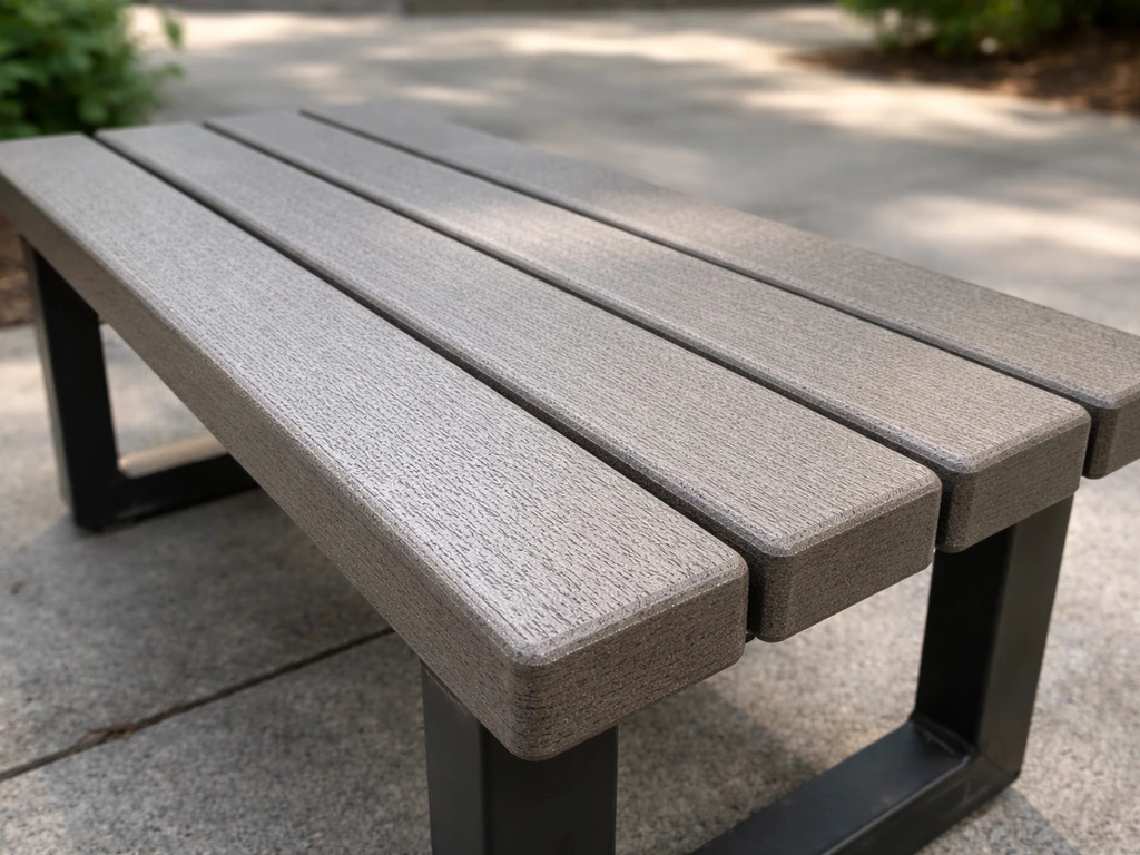 Close view of an outdoor bench made of recycled plastic lumber with visible slats and UV-stable texture