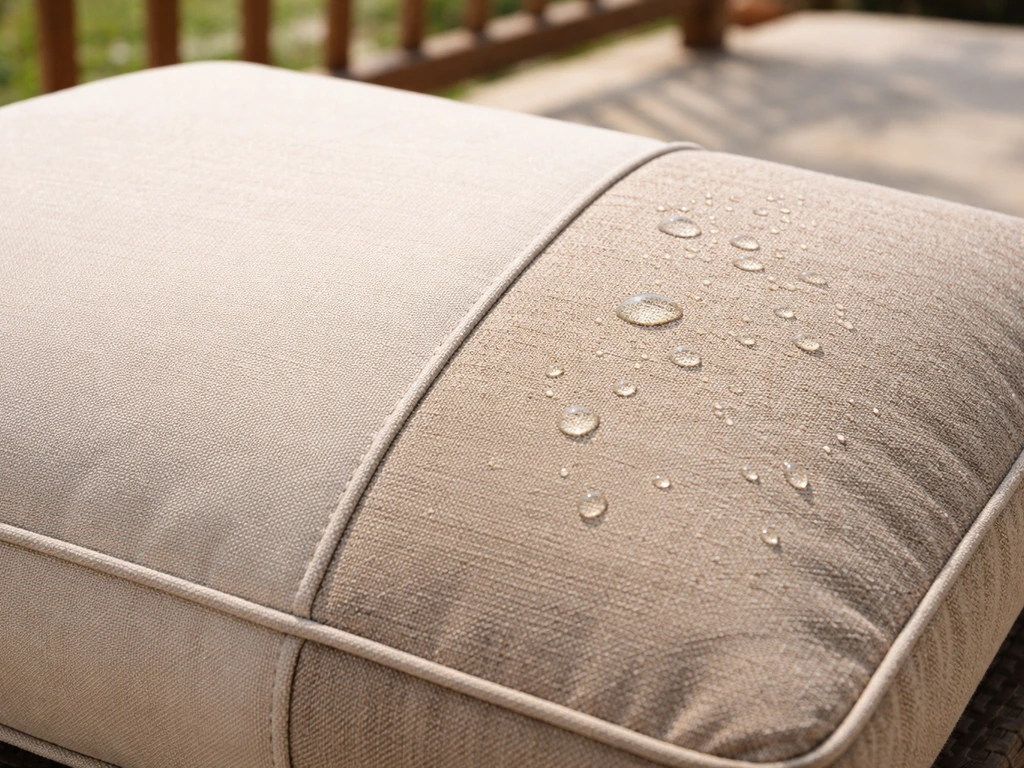 Close-up of an outdoor cushion showing UV/mildew-resistant fabric versus slightly faded roughened fabric.
