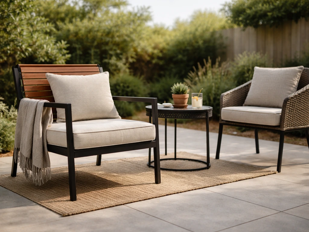 Outdoor patio seating set with metal, woven and wood elements under natural daylight