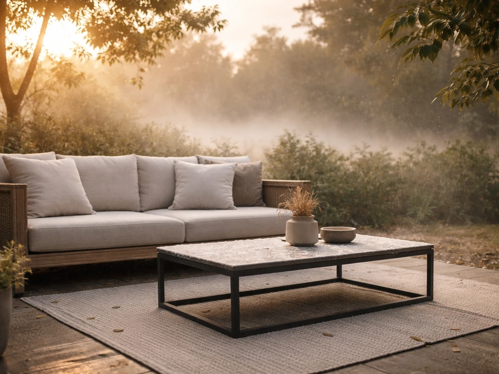 Minimal patio scene with subtle weather cues suggesting freeze, salt air, and heavy rain.
