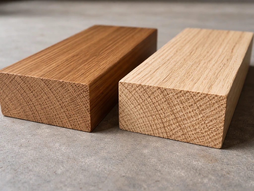 Close-up of two outdoor wood samples showing teak’s tight grain versus wider, irregular grain.