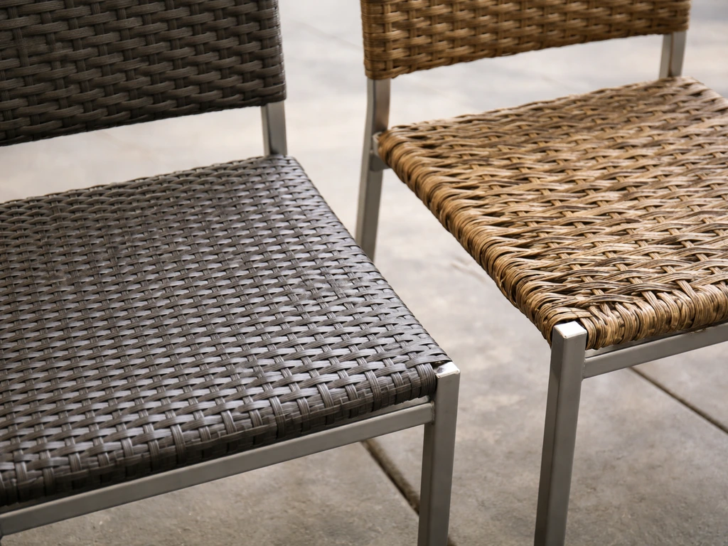 Close-up of two chairs: outdoor synthetic weave on steel frame vs aged natural rattan weave with water damage.