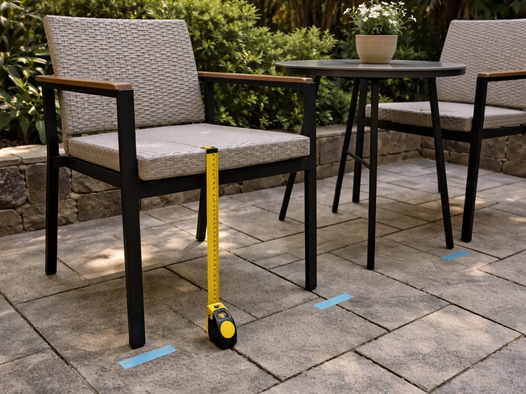 Patio dining set with a tape measure measuring seat height and table spacing on the ground.
