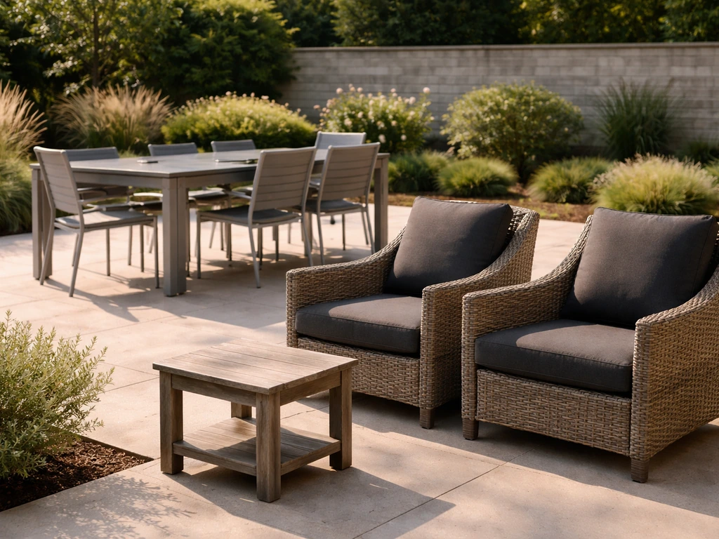 Sunlit backyard patio with aluminum dining set, resin wicker chairs, and a small wood side table
