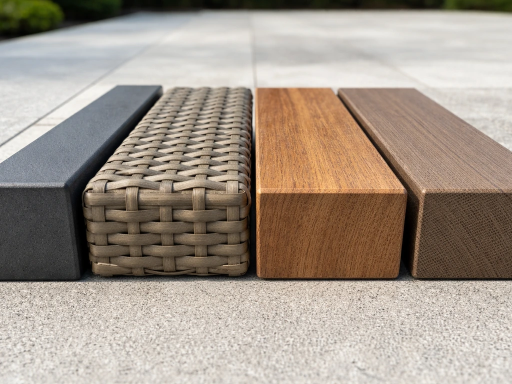 Side-by-side close-ups of powder-coated aluminum, HDPE resin wicker, teak, and composite slats textures.
