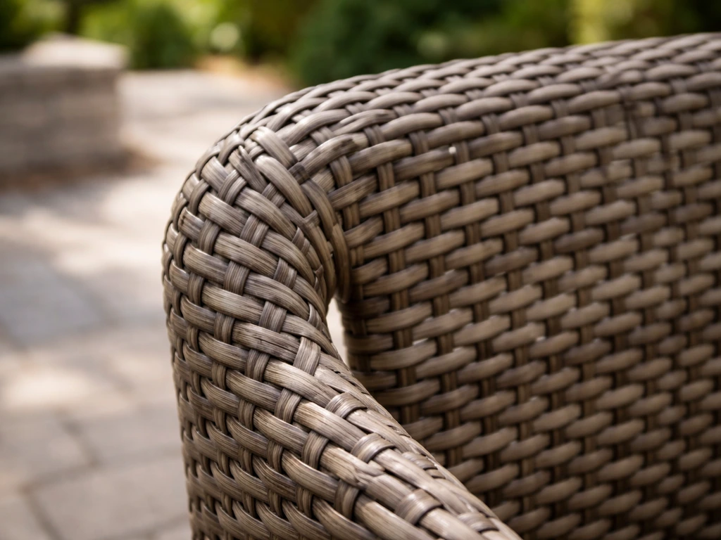 Close-up of HDPE resin wicker weave on an outdoor chair back and arm in natural light.