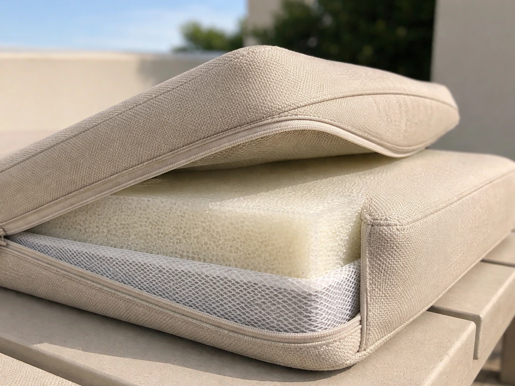 Close-up of outdoor seat cushions showing reticulated foam layers and textured solution-dyed acrylic fabric.