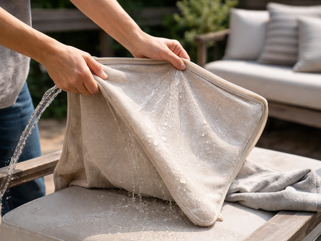 Hands rinsing an outdoor cushion cover with cool water on a patio chair to prevent mildew.