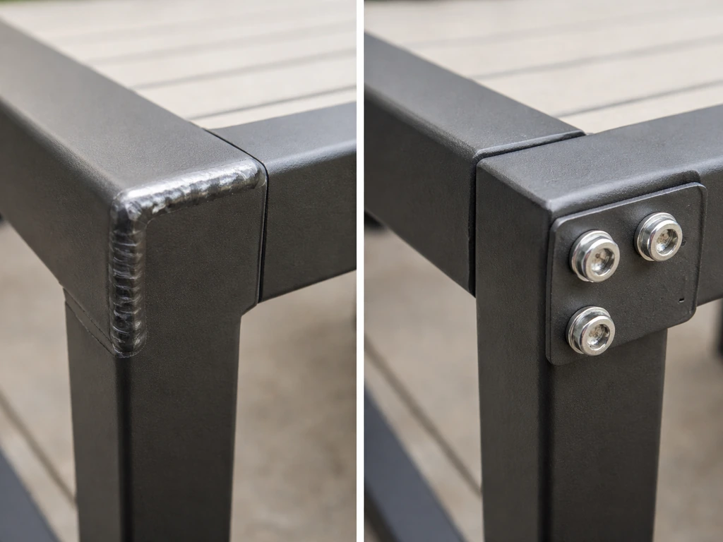 Close-up of welded frame joint beside a bolted connection area, showing stronger vs weaker construction.