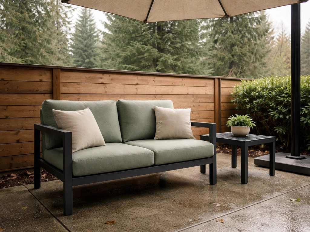 Minimal covered Seattle patio with powder-coated aluminum seating and mildew-resistant cushions in soft overcast light.