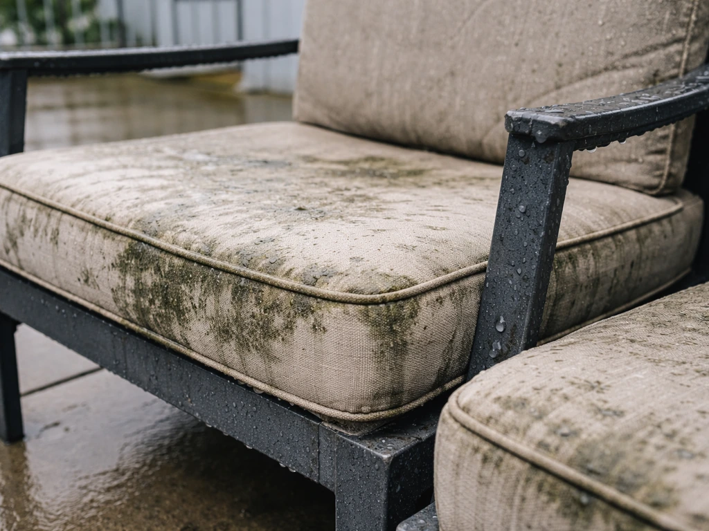 Weathered uncovered patio furniture frame with damp, mildewed cushions in Seattle-style coastal rain.