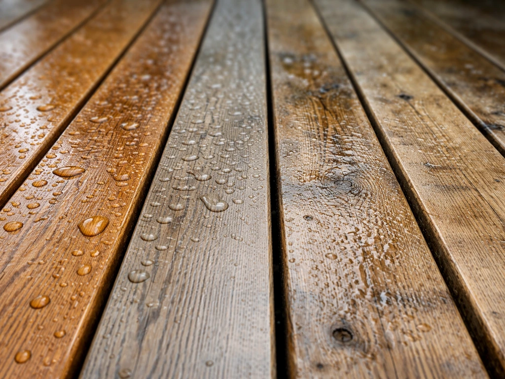 Close-up of wet teak decking with water beading and silver-grey patina beside darker untreated wood.