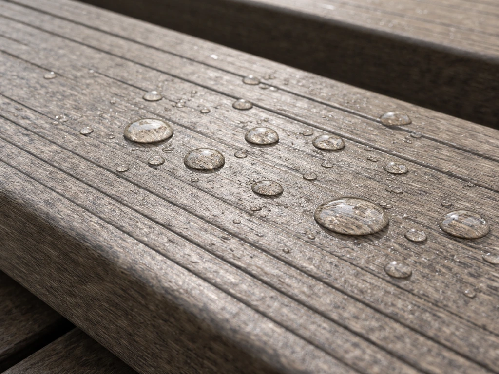 Close-up of HDPE composite lumber texture with water droplets beading on the surface.