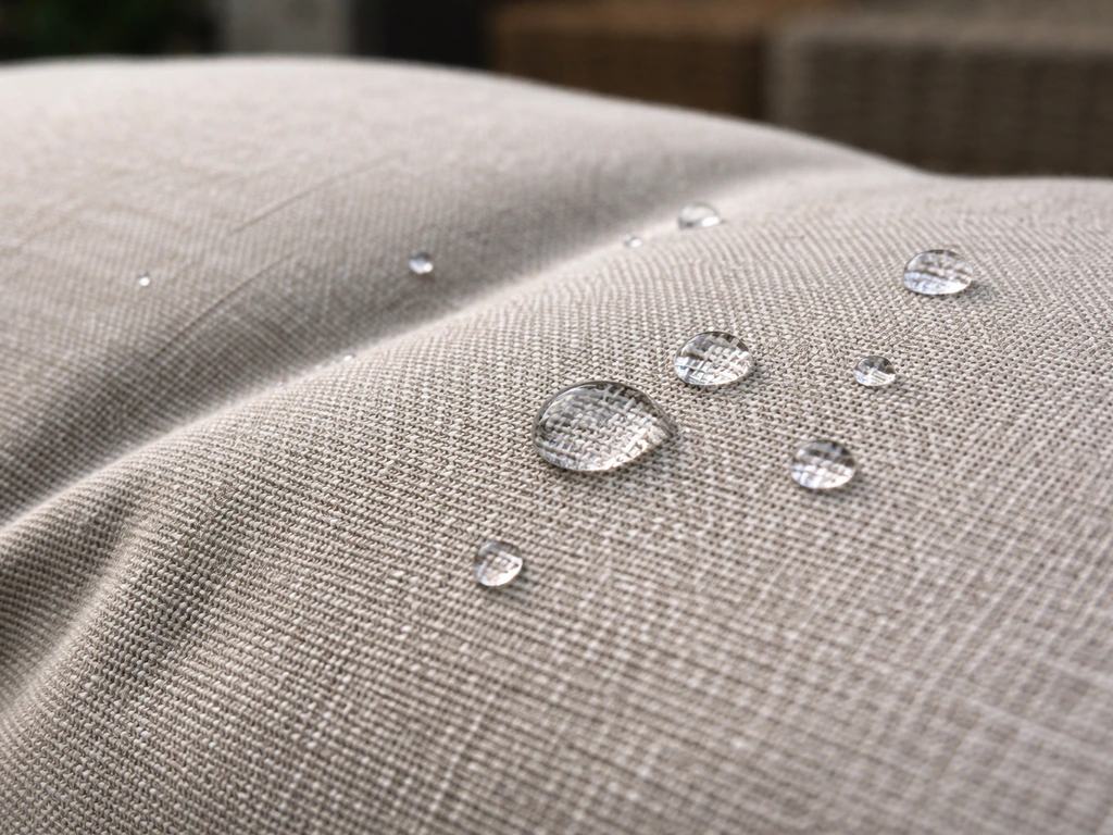Close-up of weatherproof solution-dyed acrylic cushion fabric with water beading texture