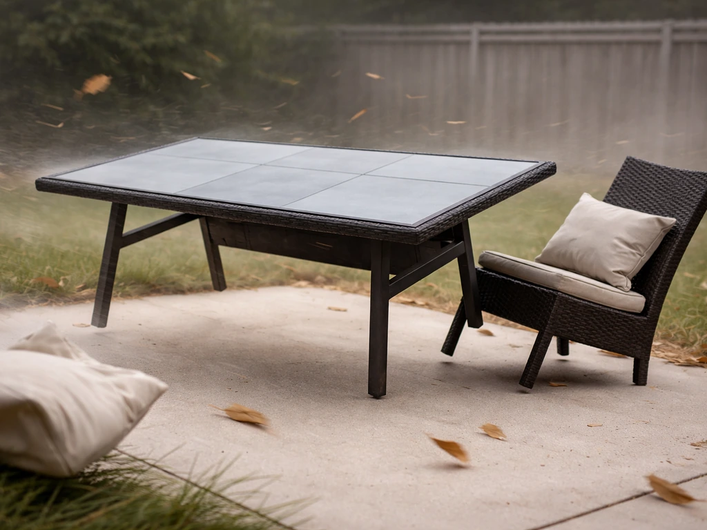 Patio table tilted in strong wind, showing the sail effect with chair pushed by gusts.